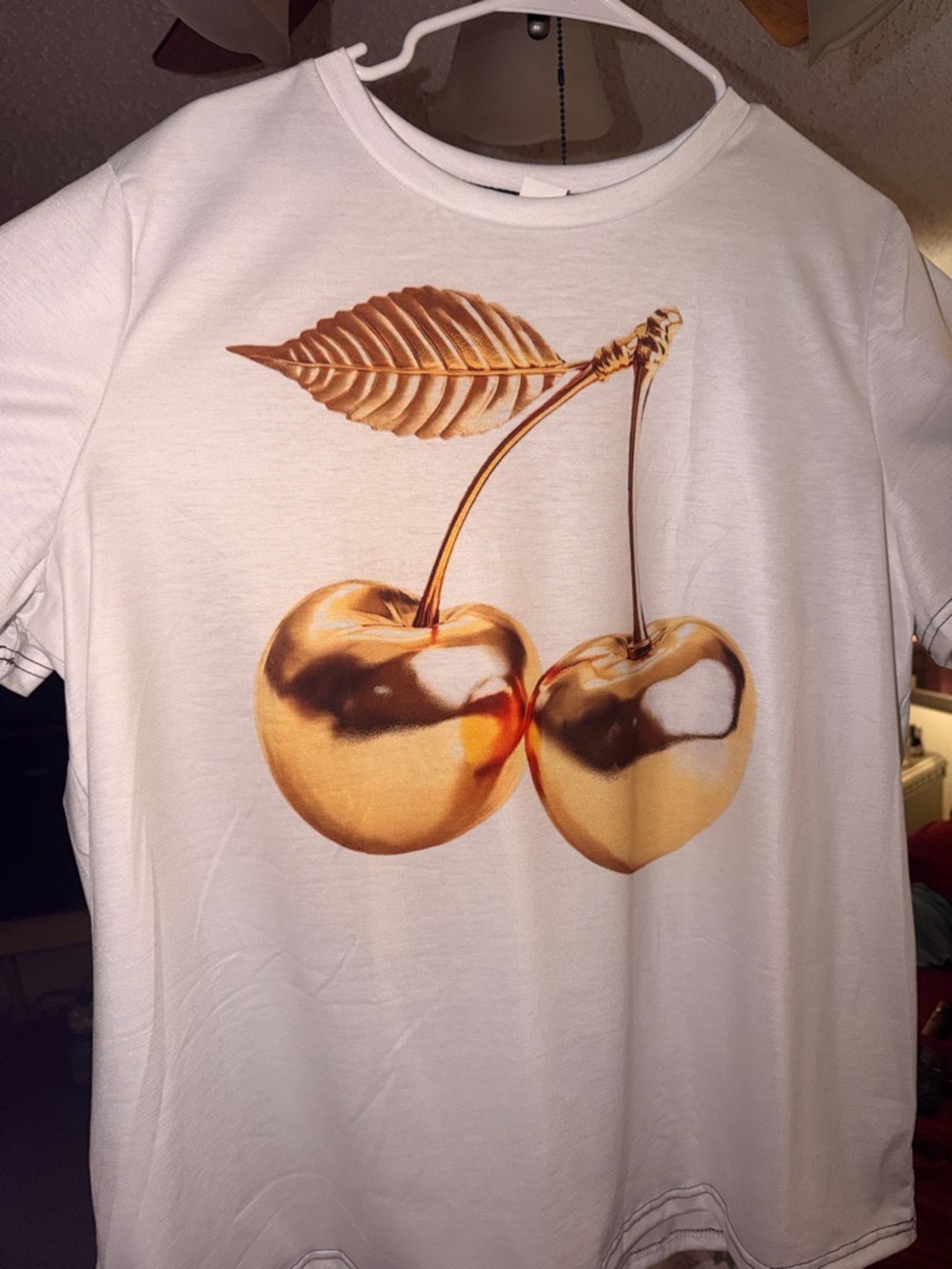 White Tee with Metallic Gold Cherry Print